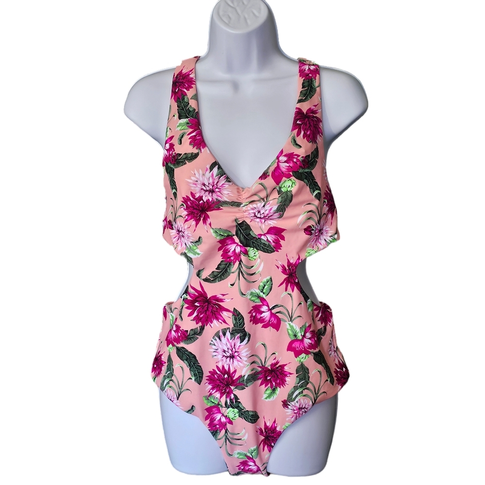 Tori Praver Racerback One Piece Swimsuit- Bright Floral Hawaiian Size L - Picture 2 of 10
